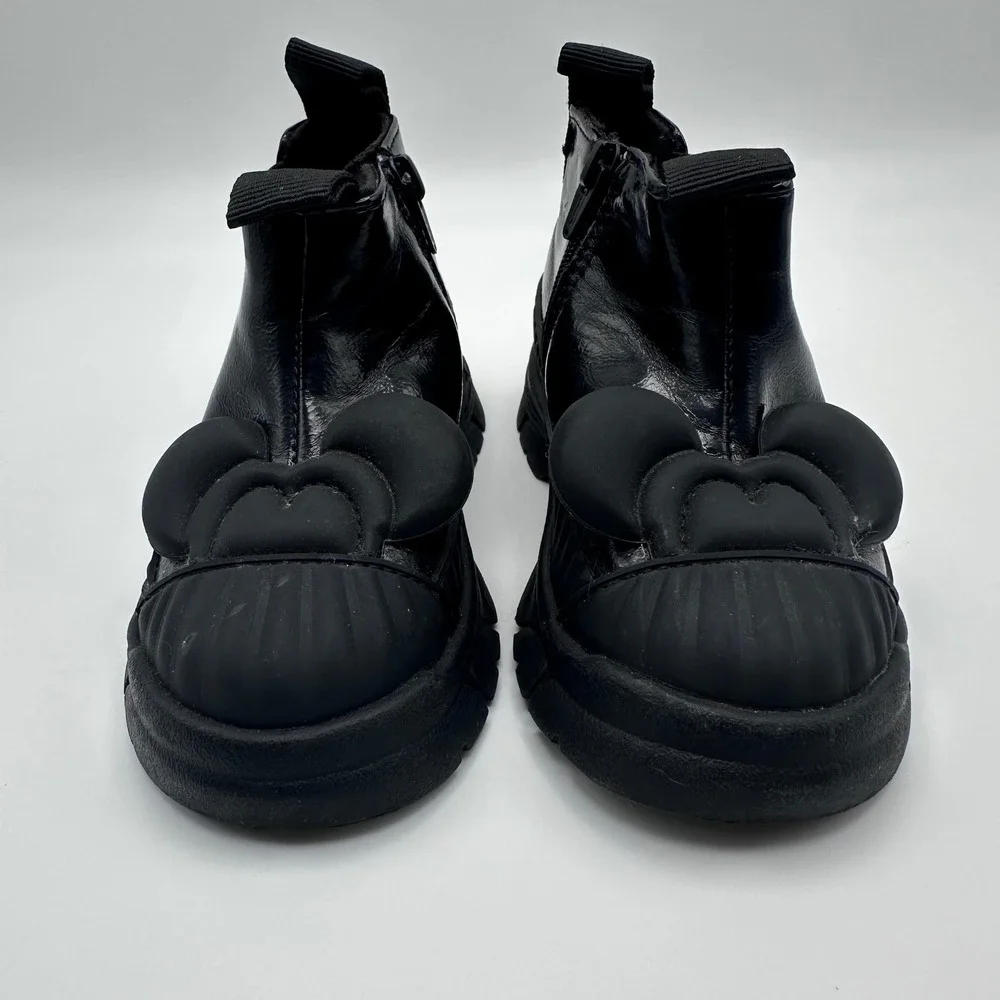 Zara Kids Disney Mickey Mouse Black Glossy Ankle Boots Chunky Lug Sole‎ 21